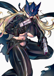  absurdres beelstarmon black_gloves blonde_hair breasts cowboy_shot cropped_coat digimon digimon_(creature) dual_wielding eye_mask female gloves gun highres holding holding_gun holding_weapon large_breasts long_hair midriff navel nui_(nuitt) red_eyes simple_background solo third_eye underboob weapon white_background 