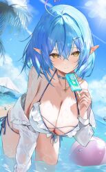  ahoge alternate_costume alternate_hairstyle ball bare_shoulders beach beachball bikini blue_hair breasts cleavage closed_mouth cloud cloudy_sky commentary_request crossed_bangs day elf fingernails food furofuroppi hair_between_eyes heart heart_ahoge highres holding holding_food holding_popsicle hololive jacket large_breasts leaning_forward ocean off_shoulder open_clothes open_jacket outdoors pointy_ears popsicle side-tie_bikini_bottom sky smile swimsuit virtual_youtuber wading wet white_bikini white_jacket yellow_eyes yukihana_lamy 