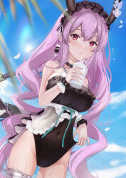  arknights black_hairband black_horns black_one-piece_swimsuit black_tail blue_sky breasts cloud covered_navel cup disposable_cup drinking drinking_straw drinking_straw_in_mouth earrings female frilled_hairband frilled_one-piece_swimsuit frilled_wristband frills hairband highres holding holding_cup horns jewelry kyuu_(q_des9) large_breasts long_hair looking_at_viewer official_alternate_costume one-piece_swimsuit purple_eyes purple_hair sky solo swimsuit typhon_(arknights) typhon_(temperature_difference)_(arknights) very_long_hair 