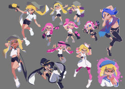  6+girls bike_shorts black_dress black_footwear black_hair black_pants blonde_hair blue_eyes blue_hair callie_(splatoon) cosplay dress drinking earrings grey_background grey_hat grin gun hair_over_one_eye hat highres holding holding_gun holding_weapon inkling inkling_girl inkling_player_character jewelry long_hair long_sleeves midriff_peek multiple_girls multiple_views navel octoling octoling_girl octoling_player_character outstretched_arms pants pantyhose pearl_(splatoon) pearl_(splatoon)_(cosplay) pink_eyes pink_hair pink_pantyhose pointy_ears shirt shiver_(splatoon) smile splatoon_(series) splatoon_3 spread_arms tentacle_hair weapon white_footwear white_shirt xfiro 