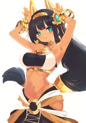  bangle bare_shoulders black_hair blue_eyes blush bracelet breasts cleavage_cutout clothing_cutout commentary dancer dark-skinned_female dark_skin earrings eyelashes female gold_earrings gold_necklace hairband hands_up headdress highres jewelry kakuwashi long_hair low-tied_long_hair multiple_bracelets narrow_waist navel necklace phantom_brave sidelocks smile solo stomach underboob upper_body very_long_hair white_background yellow_pupils 