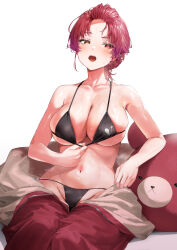  absurdres alternate_costume animal_costume bangs_pinned_back bare_arms bear_costume bikini bikini_top_pull black_bikini blush breasts cleavage collarbone commentary cosplay female highres hololive houshou_marine kigurumi kuroi_suna large_breasts looking_at_viewer navel open_mouth red_eyes red_hair simple_background skindentation solo stomach sweat swimsuit symbol-only_commentary teeth upper_teeth_only virtual_youtuber white_background yellow_eyes 