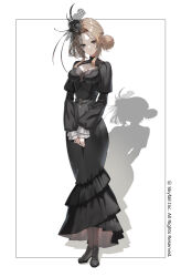  black_dress black_footwear breasts brown_hair brown_pantyhose cleavage commentary_request dress female full_body game_cg green_eyes hair_bun long_hair long_sleeves official_art pantyhose poker_chase scottie_(phantom2) shoes smile solo standing touma_hotaru_(poker_chase) watermark 