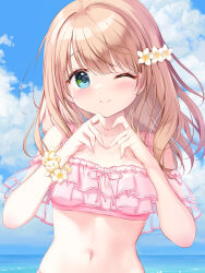  armlet bikini breasts closed_mouth cloud cloudy_sky female flower frilled_bikini frills hair_flower hair_ornament heart heart_hands jewelry kimishima_ao light_brown_hair long_hair looking_at_viewer navel ocean one_eye_closed original outdoors pink_bikini pink_ribbon ribbon sky smile solo stomach swimsuit water 