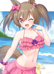  alternate_costume animal_ears armpits bananatsukis beach bikini breasts brown_eyes brown_hair female hair_ornament highres horse_ears horse_girl horse_tail medium_breasts navel ocean one_eye_closed open_mouth pointing pointing_at_self ribbon sky smart_falcon_(umamusume) solo swimsuit tail umamusume 