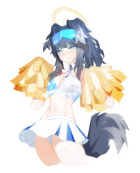  animal_ears bare_shoulders black_hair blue_archive blue_eyes blush breasts cheerleader dog_ears dog_girl dog_tail eyewear_on_head female goggles goggles_on_head halo hibiki_(blue_archive) hibiki_(cheer_squad)_(blue_archive) highres holding long_hair looking_at_viewer millennium_cheerleader_outfit_(blue_archive) nai_ga navel official_alternate_costume pom_pom_(cheerleading) skirt solo star_sticker sticker_on_face tail text_print white_skirt yellow_halo 