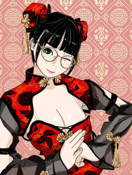  animification black_hair blush breasts bun_cover china_dress chinese_clothes clenched_hand double_bun dress female glasses green_eyes hair_bun highres leaning_to_the_side looking_at_viewer medium_breasts one_eye_closed palm-fist_greeting pink_lips real_life red_dress sakamoto_giulietta shinonome_umi shrug_(clothing) smile upper_body 