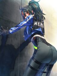  ass black_gloves black_hair black_pants blue_jacket blush commentary_request commission female gloves hair_between_eyes hand_on_wall high-waist_pants highres jacket long_hair looking_at_viewer matsuki_akira metal_hairband multicolored_hair pants pixiv_commission police police_uniform policewoman ponytail red_eyes red_hair solo standing streaked_hair tight_clothes tight_pants uniform zenless_zone_zero zhu_yuan 