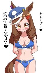  alternate_costume alternate_hairstyle animal_ears arms_behind_back blush bra breasts brown_eyes brown_hair cleavage closed_mouth collarbone commentary_request female hair_between_eyes hair_ornament hairclip hat highres horse_ears horse_tail long_hair matikane_tannhauser_(umamusume) medium_breasts navel panties smile sodeshita_marshmallow tail umamusume underwear white_background 