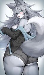  animal_ear_fluff animal_ears artist_name ass back black_bra black_shirt black_shorts blue_eyes blush borrowed_character bra breasts commentary commission cowboy_shot female from_behind furry green_nails grey_hair hair_between_eyes highres large_breasts long_bangs long_hair long_sleeves looking_at_viewer looking_back oerba_yun_fang open_clothes open_mouth open_shirt original shirt short_shorts shorts sidelocks simple_background skeb_commission skin_fang sleeves_past_fingers sleeves_past_wrists solo straight_hair suurin_(ksyaro) tail thick_thighs thighs twitter_username underwear wolf_ears wolf_girl wolf_tail 