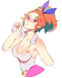  1980s_fashion absurdres breasts female frantic_(frantickohi) freckles highres hololive hololive_english large_breasts leotard looking_at_viewer multicolored_hair official_alternate_costume orange_hair purple_eyes simple_background solo sweat takanashi_kiara takanashi_kiara_(fever_night) towel towel_around_neck virtual_youtuber white_background white_leotard 