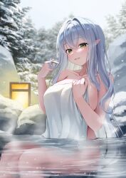  absurdres breasts collarbone commission day female green_eyes grin hand_up highres lamp large_breasts long_hair looking_at_viewer naked_towel onsen original outdoors pointy_ears shant_07 sidelocks sitting smile snowing solo steam towel twirling_hair very_long_hair water white_hair winter 