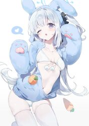  absurdres alternate_costume animal_ear_hood animal_ears bikini blue_archive blue_halo blue_hoodie breasts carrot_in_pocket center_opening collarbone female halo hands_up highres hood hood_up hoodie long_hair looking_at_viewer medium_breasts meunhongcha miyako_(blue_archive) navel one_eye_closed open_mouth pom_pom_(clothes) purple_eyes rabbit_ears simple_background skindentation solo swimsuit thighhighs thighs white_background white_bikini white_thighhighs 