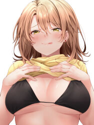  :q bikini black_bikini blush breasts brown_eyes brown_hair clothes_lift commentary_request earrings female highres isshiki_iroha jewelry large_breasts lifting_own_clothes looking_at_viewer red_hayao shirt shirt_lift short_hair simple_background smile solo stud_earrings swimsuit tongue tongue_out upper_body white_background yahari_ore_no_seishun_lovecome_wa_machigatteiru. yellow_shirt 