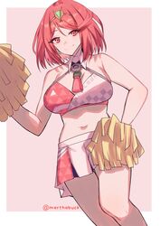  absurdres armpit_crease artist_name bare_shoulders bob_cut border breasts cheerleader closed_mouth collar commentary detached_collar earrings english_commentary female highres jewelry large_breasts marthabucks midriff navel outside_border pom_pom_(cheerleading) pyra_(xenoblade) red_background red_eyes red_hair simple_background skirt smile solo standing star_(symbol) star_earrings tiara white_border white_collar xenoblade_chronicles_(series) xenoblade_chronicles_2 