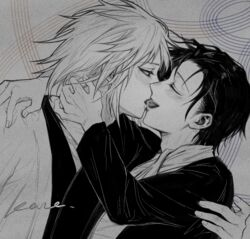  2boys chinese_commentary closed_eyes commentary_request film_grain greyscale harada_mutei hug jacket kaze_(yznyttdgs) kissing long_sleeves male_focus monochrome multiple_boys open_clothes open_jacket saibou_shinkyoku screentones short_hair signature spot_color utsugi_rangiri yaoi 