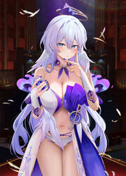  :o blue_dress blue_eyes blue_hair blue_nails breasts bridal_gauntlets brown_halo chinese_commentary cleavage commentary_request dress female fingernails halo head_wings highres holding honkai:_star_rail honkai_(series) indoors jewel_under_eye large_breasts long_hair looking_at_viewer musical_note_ornament nail_polish navel robin_(honkai:_star_rail) ru_zhai solo standing thighs two-tone_dress white_dress wings 