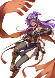  absurdres alternate_costume breasts cleavage commission female fire_emblem fire_emblem:_three_houses fire_emblem_warriors:_three_hopes fishnets hair_bun hair_over_one_eye hatomune6 highres kuji-in long_hair medium_breasts ninja purple_eyes purple_hair sandals second-party_source shez_(female)_(fire_emblem) shez_(fire_emblem) single_hair_bun skeb_commission solo zouri 