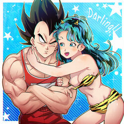  1boy amachu_a animal_print bikini bikini_tug black_hair blue_eyes blue_hair breasts bulma_briefs cleavage commentary cosplay crossed_arms dragon_ball dragon_ball_z female highres horns lum lum_(cosplay) medium_breasts moroboshi_ataru moroboshi_ataru_(cosplay) muscular muscular_male navel oerba_yun_fang one_eye_closed open_mouth red_tank_top starry_background straight strapless strapless_bikini striped_background swimsuit tank_top tiger_print urusei_yatsura vegeta yellow_horns 