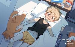  1boy alarm_clock bag bandaged_arm bandages bandaid bandaid_on_knee bandaid_on_leg bed black_tank_top blonde_hair blush breath clock commentary_request koe_(mixpi) lying male_focus male_underwear nose_blush on_back on_bed open_mouth orange_eyes original pillow shorts solo stuffed_animal stuffed_dog stuffed_toy sweat tank_top tissue_box underwear unworn_socks used_tissue 