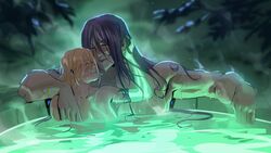  2girls absurdres bath bathing black_hair blonde_hair breasts caio_santos completely_nude green_lips hades_(series) hades_2 height_difference highres melinoe_(hades) multiple_girls muscular muscular_female nemesis_(hades) nude onsen partially_submerged same-sex_bathing shared_bathing size_difference skeletal_arm smile steam tall_female wet wet_hair yuri 