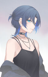  a9_(repainter) absurdres alternate_costume bare_shoulders black_choker black_jacket black_shirt blue_eyes blue_hair chain_necklace chains choker commentary ear_piercing female flat_chest highres hiodoshi_ao hololive hololive_dev_is jacket jewelry medium_hair mole mole_under_mouth necklace off_shoulder open_clothes open_jacket parted_lips piercing shirt solo symbol-only_commentary virtual_youtuber 