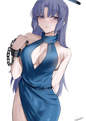  ako_(blue_archive) ako_(blue_archive)_(cosplay) ako_(dress)_(blue_archive) blue_archive blue_dress breasts cliov cosplay cowboy_shot dress female highres large_breasts long_hair purple_eyes purple_hair signature simple_background sleeveless sleeveless_dress solo white_background yuuka_(blue_archive) 