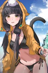  absurdres animal_on_head asakura_karen_(heaven_burns_red) black_hair blue_sky breasts female heaven_burns_red highres hood hood_up hooded_jacket jacket long_hair navel no53_(pixiv_77486930) on_head outdoors ramune sky soda_bottle solo tail twintails yellow_eyes 