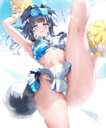  animal_ears bare_shoulders black_hair blue_archive blue_eyes blush bracelet breasts cleavage dog_ears dog_tail eyewear_on_head female goggles halo halterneck hibiki_(blue_archive) hibiki_(cheer_squad)_(blue_archive) highres holding holding_pom_poms jewelry large_breasts long_hair looking_at_viewer millennium_cheerleader_outfit_(blue_archive) miniskirt navel open_mouth pleated_skirt pom_pom_(cheerleading) ponytail sayika sidelocks skirt solo sports_bra star_sticker sticker_on_face tail thighs translation_request white_skirt 