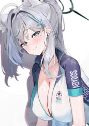  absurdres ahoge alternate_costume animal_ears aqua_eyes biker_clothes bikesuit blue_archive blush bodysuit breasts cleavage collarbone commentary_request cosplay cross_hair_ornament earrings extra_ears female grey_hair hair_ornament halo highres huge_breasts jewelry kuroshiro_kanae logo long_hair looking_at_viewer looking_to_the_side mismatched_pupils ponytail shadow shiroko_(blue_archive) shiroko_(blue_archive)_(cosplay) shiroko_(cycling)_(blue_archive) shiroko_terror_(blue_archive) short_sleeves simple_background solo stud_earrings sweat upper_body white_background wolf_ears 