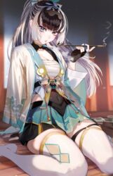  aqua_eyes black_hair breasts chest_sarashi cleavage commentary_request cosplay covered_navel female fingerless_gloves gloves grey_hair hakama hakama_skirt haori highres holding holding_smoking_pipe hololive hololive_dev_is japanese_clothes juufuutei_raden kazama_iroha kazama_iroha_(1st_costume) kazama_iroha_(cosplay) long_hair looking_at_viewer md5_mismatch multicolored_hair murechika ponytail resolution_mismatch sarashi shrug_(clothing) sitting skirt smoking smoking_pipe solo source_larger streaked_hair thighhighs virtual_youtuber white_thighhighs zettai_ryouiki 