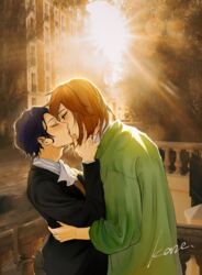  2boys absurdres ascot black_jacket blue_hair brown_hair brown_vest chinese_commentary closed_eyes commentary_request dark_blue_hair green_jacket harada_mutei highres hug jacket jewelry kaze_(yznyttdgs) kissing long_sleeves male_focus multiple_boys open_clothes open_jacket photo_background red_eyes ring saibou_shinkyoku shirt short_hair signature utsugi_rangiri vest white_ascot white_shirt yaoi 