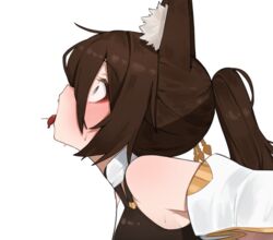  animal_ear_fluff animal_ears bare_shoulders blush breasts brown_dress brown_hair choker commentary_request cropped_torso detached_sleeves dress female flasso fox_ears fox_girl from_side gold_trim hair_between_eyes heart heart-shaped_pupils honkai:_star_rail honkai_(series) implied_orgasm implied_sex long_hair open_mouth ponytail sideboob sidelocks solo surprised sweatdrop symbol-shaped_pupils tingyun_(honkai:_star_rail) tongue tongue_out white_background white_choker white_sleeves wide-eyed 