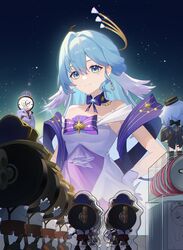  absurdres aqua_eyes bare_shoulders blue_hair bow character_doll choker clockie_(honkai:_star_rail) commentary_request dress earrings female hair_intakes hand_on_own_hip head_wings highres holding honkai:_star_rail honkai_(series) huang_tie_lin jewelry long_hair misha_(honkai:_star_rail) off-shoulder_dress off_shoulder official_alternate_costume purple_bow purple_choker robin_(honkai:_star_rail) short_sleeves upper_body very_long_hair white_dress wings 