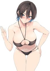  ass_visible_through_thighs bikini black_bikini blue_eyes blue_hair blush breasts brown_hair bunny_garden cleavage closed_mouth clothing_cutout commentary_request female hair_between_eyes halterneck hand_on_own_hip highres large_breasts leaning_forward looking_at_viewer miuka_(bunny_garden) multicolored_hair navel short_hair solo swimsuit thigh_gap two-tone_hair zekkyon 