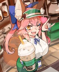  ;d animal_ears blue_bow blue_eyeshadow blue_nails blue_ribbon bow breasts brown_eyes collared_shirt commentary_request cowboy_shot cup discat disposable_cup drink eyeshadow fate/extra fate/grand_order fate_(series) female fox_ears fox_girl fox_shadow_puppet fox_tail glint green_hat green_skirt hairbow hat heart highres holding holding_drink id_card incoming_drink looking_at_viewer makeup neck_ribbon oerba_yun_fang one_eye_closed open_mouth overall_skirt pink_hair ribbon shirt skirt smile solo tail tamamo_(fate) tamamo_no_mae_(fate/extra) visor_cap 