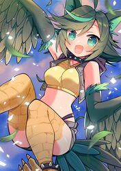  absurdres animal_ears asekeu bare_shoulders bird_legs black_vest blush breasts cat_ears choker crop_top feathered_wings feathers female green_eyes green_feathers green_hair green_wings harpy highres long_hair looking_at_viewer medium_breasts midriff monster_girl open_mouth original quill_(asekeu) shorts solo spiked_anklet spiked_choker spikes talons tank_top vest winged_arms wings yellow_tank_top 