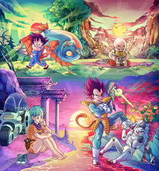  6+boys amachu_a animal aqua_hair architecture armor bald bamboo bandana black_hair blood blood_from_mouth blood_on_shoes blue_eyes blush bulma_briefs chinese_clothes clam commentary dragon_ball dragon_ball_(classic) dragon_ball_z east_asian_architecture energy_beam facial_mark female fire fish forehead_mark gun handgun hashtag-only_commentary helmet highres holding holding_animal holding_fish holding_magazine holster indian_style kuririn long_hair magazine_(object) monkey_tail motor_vehicle motorcycle mountain mountainous_horizon multiple_boys nappa one_side_up purple_bandana raditz reading roasting ruyi_jingu_bang saiyan_armor shoes shoulder_armor simple_bird sitting soaking_feet son_goku sun sunset tail tree unworn_shoes vegeta weapon 