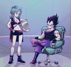  1boy amachu_a aqua_hair artist_name bandaid bandaid_on_knee bandaid_on_leg black_bra black_cape black_eyes black_hair black_skirt blue_eyes bra breasts bulma_briefs cape chains chair chromatic_aberration cleavage commentary covered_abs crossed_legs dragon_ball dragon_ball_z english_commentary female fingerless_gloves frown gloves hand_on_own_hip helmet highres holding holding_helmet lowleg lowleg_skirt medium_breasts miniskirt muscular muscular_male punk sitting skirt smile underwear vegeta 