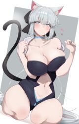  absurdres animal_ears black_bow black_leotard blue_eyes blush bow braid breasts cat_ears cat_tail choker cleavage fate/grand_order fate_(series) female grey_hair hairbow half_updo highres large_breasts leotard long_hair looking_at_viewer masini-mashini615 morgan_le_fay_(fate) ponytail seiza sidelocks sitting solo tail thighs very_long_hair 