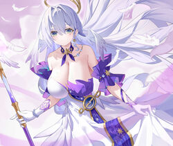  absurdres aqua_eyes bare_shoulders blue_hair breasts cleavage commentary_request detached_sleeves dress earrings female freeeeeeeeeee gloves hair_between_eyes halo head_wings highres honkai:_star_rail honkai_(series) jewelry large_breasts long_hair looking_at_viewer open_mouth purple_hair robin_(honkai:_star_rail) short_sleeves smile solo strapless very_long_hair white_dress white_gloves wings 