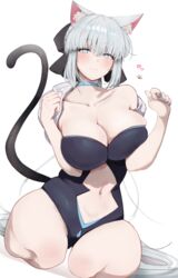  absurdres animal_ears black_bow black_leotard blue_eyes blush bow braid breasts cat_ears cat_tail choker cleavage fate/grand_order fate_(series) female grey_hair hairbow half_updo highres large_breasts leotard long_hair looking_at_viewer masini-mashini615 morgan_le_fay_(fate) ponytail seiza sidelocks sitting solo tail thighs very_long_hair 