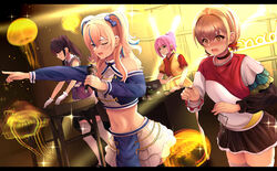  @_@ absurdres belt black_choker black_skirt blonde_hair blue_bow blue_eyes blue_hair blush bow brown_eyes brown_hair choker closed_mouth clothing_cutout commentary computer crop_top english_commentary gloves green_eyes hair_between_eyes hair_ornament hair_scrunchie hairbow highres holding holding_microphone idol idol_clothes instrument jellyfish kouzuki_mahiru laptop letterboxed long_hair long_sleeves low_twintails medium_hair microphone midriff multicolored_hair navel official_alternate_costume one_eye_closed open_mouth pink_hair ponytail purple_eyes purple_hair purple_shirt red_scrunchie relpama scrunchie shirt short_hair short_twintails shoulder_cutout skirt streaked_hair sweatdrop takanashi_kim_anouk_mei teeth thighhighs triangle_(instrument) twintails watase_kiui wavy_mouth white_belt white_gloves white_shirt white_skirt white_thighhighs yamanouchi_kano yoru_no_kurage_wa_oyogenai zettai_ryouiki 