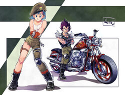  1boy aiming amachu_a asymmetrical_clothes beret black_footwear black_vest blue_eyes blue_hair boots breasts bulma_briefs camouflage camouflage_pants covered_nipples crossed_arms dragon_ball dragon_ball_z female gun handgun hat highres holding holding_gun holding_weapon knee_pads knife_sheath leg_brace motor_vehicle motorcycle pants purple_hair sheath shoulder_pads signature single_knee_pad single_pantsleg small_breasts tank_top vegeta vest weapon white_tank_top 