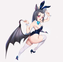  alternate_costume animal_ears back_bow backless_leotard bat_ears bat_girl bat_wings beleven black_footwear black_leotard blue_bow blue_bowtie blush bow bowtie breasts commission detached_collar fake_animal_ears female forehead fraternal_myotis_(kemono_friends) full_body grey_hair high_heels highres kemono_friends leotard looking_at_viewer oerba_yun_fang open_mouth pink_eyes playboy_bunny rabbit_ears shiny_leotard shoe_dangle short_hair sidelocks solo thighhighs white_thighhighs wings wrist_cuffs 