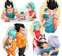  2boys absurdres amachu_a animal_costume aqua_eyes aqua_hair aqua_tank_top baby black_hair breasts bulma_briefs carrying china_dress chinese_clothes cleavage clenched_teeth commentary couch covered_abs cross_scar crying dragon_ball dragon_ball_z dress eating english_commentary family father_and_son female hairband hands_in_pockets highres hood hooded_sweater hoodie horned_hat husband_and_wife jacket lying medium_breasts mother_and_son multiple_boys multiple_views on_back open_mouth orange_hoodie orange_jacket orange_sweater panda_costume red_dress red_hairband scar scar_on_arm short_hair side_slit sweater tank_top teeth trunks_(dragon_ball) vegeta 