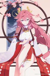  absurdres animal_ears breasts cherry_blossoms cowboy_shot detached_sleeves female film_grain floppy_ears fox_ears genshin_impact hand_up highres kazezz knee_up large_breasts long_hair looking_at_viewer low-tied_long_hair nontraditional_miko parted_lips pink_hair purple_eyes sidelocks sitting solo white_sleeves wide_sleeves yae_miko 