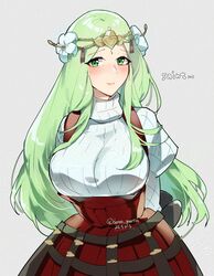  arms_behind_back breasts closed_mouth commentary_request cosplay female fire_emblem fire_emblem:_three_houses green_eyes green_hair grey_background high-waist_skirt highres large_breasts long_hair looking_at_viewer raised_eyebrows red_skirt rhea_(fire_emblem) scarlett_(unicorn_overlord) scarlett_(unicorn_overlord)_(cosplay) simple_background skirt solo unicorn_overlord yomusugara_(uzo-muzo) 