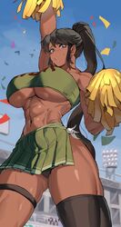  abs artist_name breasts cheerleader confetti cowboy_shot crop_top dark-skinned_female dark_skin female highres korean_commentary large_breasts looking_at_viewer miniskirt muscular muscular_female navel original outdoors panties pom_pom_(cheerleading) ponytail single_thighhigh skindentation skirt solo soolee040995 thigh_strap thighhighs underboob underwear watermark 