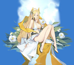  alchemy_stars artist_name blonde_hair breasts catin center_opening dress female fingerless_gloves flower gloves green_eyes holding holding_flower large_breasts long_hair looking_at_viewer sitting smile solo uriah_(alchemy_stars) uriah_(sea_breeze)_(alchemy_stars) very_long_hair white_dress white_flower white_footwear white_gloves 